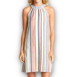 THML Dress Sleeveless Halter A-line Striped Embroidered Neckline Size Small